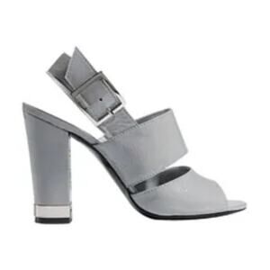 BCBGirls NEW Leather Kosty Heels Grey Taupe Beige Straps Silver Open Toe Cute!
